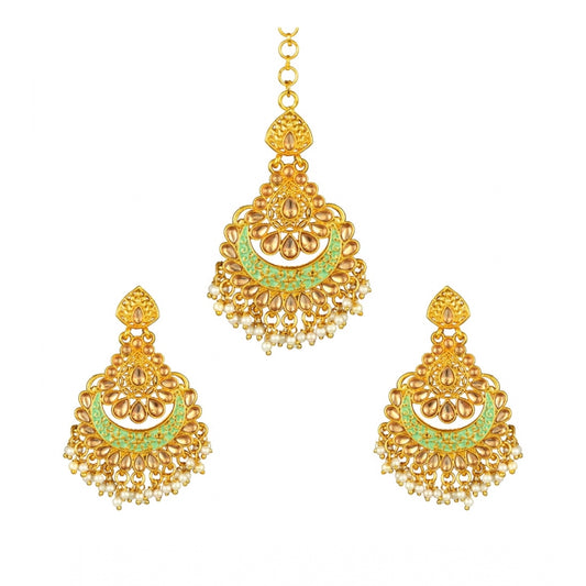 Fashion Women's Rose Gold Plated Alloy Kundan Earrings &amp; Mangtikka (Green)