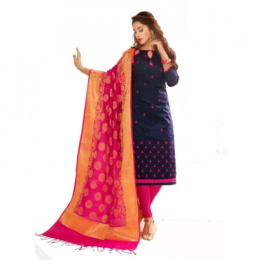 Glace Cotton Fabric Navy Blue Color Unstitched Salwar-Suit Material With Dupatta