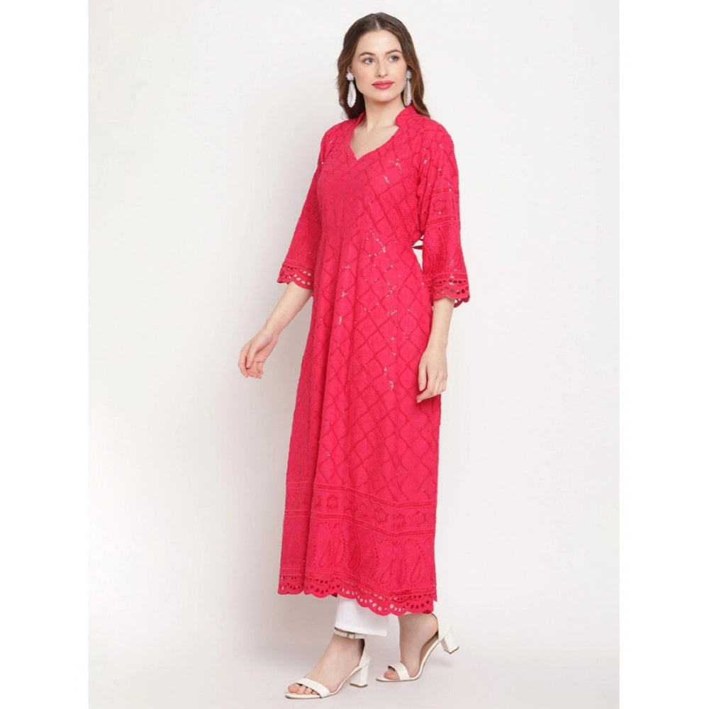 Amfyn Women's Casual 3/4th Sleeve Embroidered Cotton Kurti (Magenta)