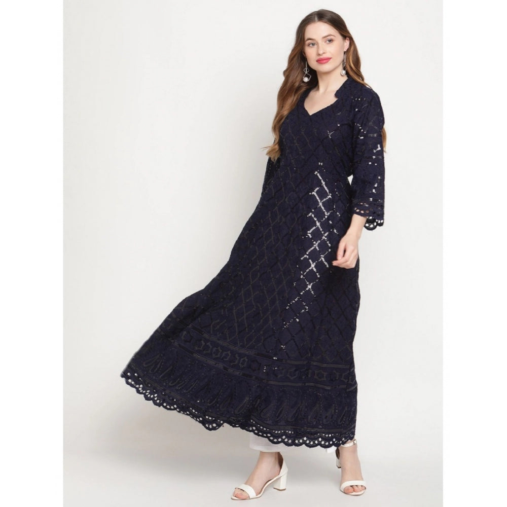 Amfyn Women's Casual 3/4th Sleeve Embroidered Cotton Kurti (Navy Blue)