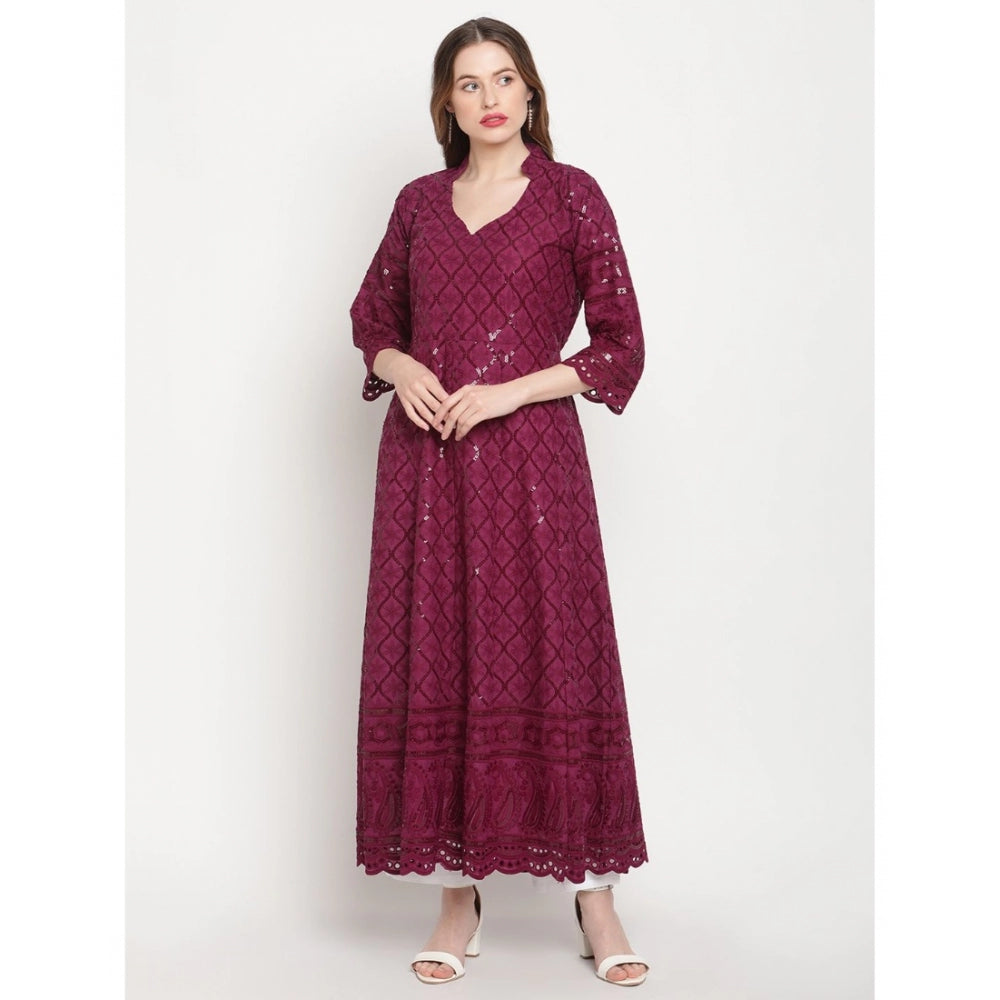 Amfyn Women's Casual 3/4th Sleeve Embroidered Cotton Kurti (Purple)