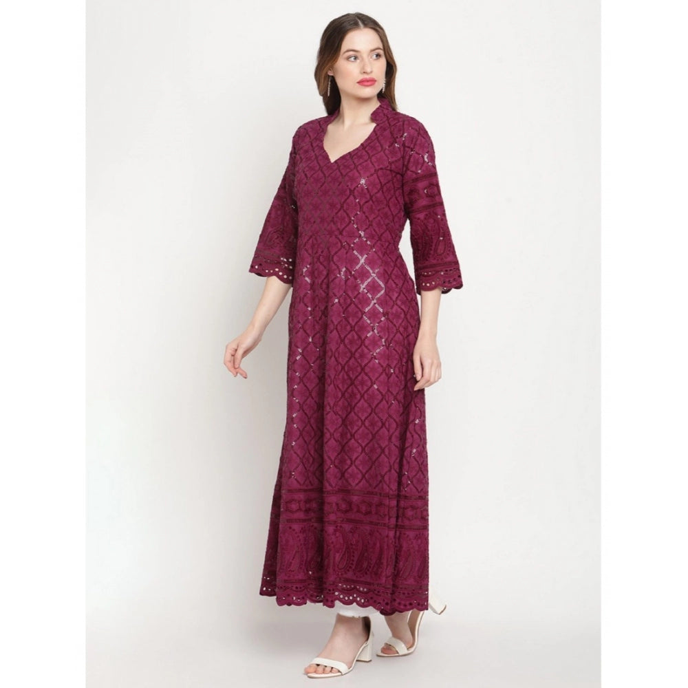 Amfyn Women's Casual 3/4th Sleeve Embroidered Cotton Kurti (Purple)