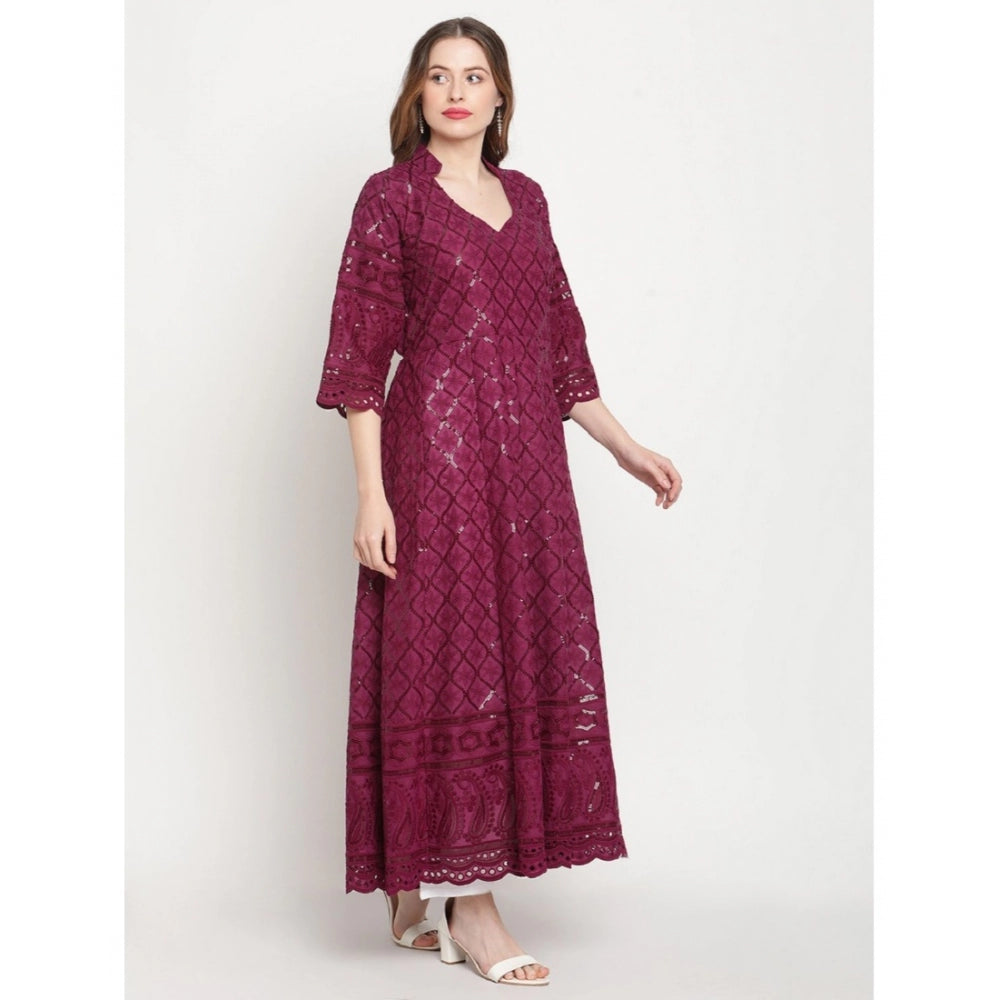 Amfyn Women's Casual 3/4th Sleeve Embroidered Cotton Kurti (Purple)