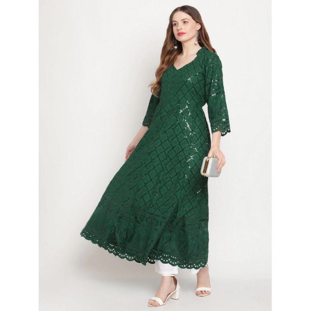 Amfyn Women's Casual 3/4th Sleeve Embroidered Cotton Kurti (Dark Green)