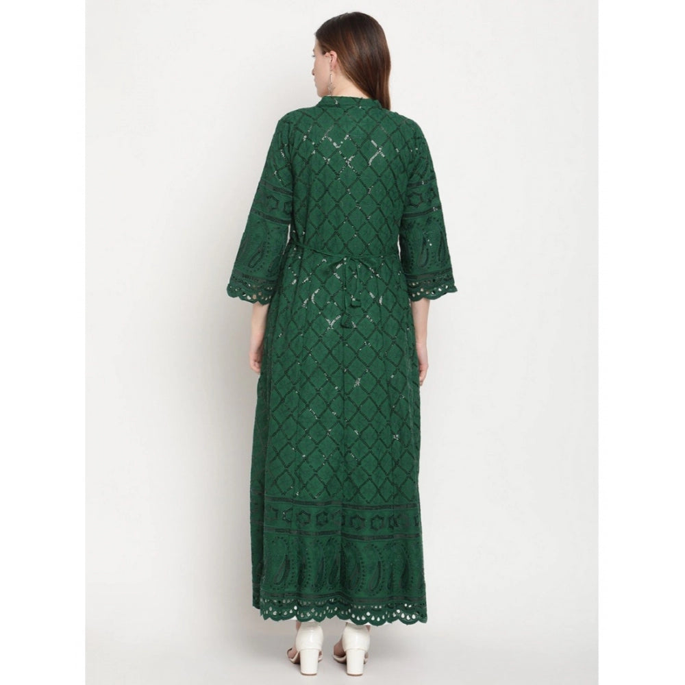 Amfyn Women's Casual 3/4th Sleeve Embroidered Cotton Kurti (Dark Green)