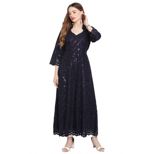 Amfyn Women's Casual 3/4th Sleeve Embroidered Cotton Kurti (Navy Blue)