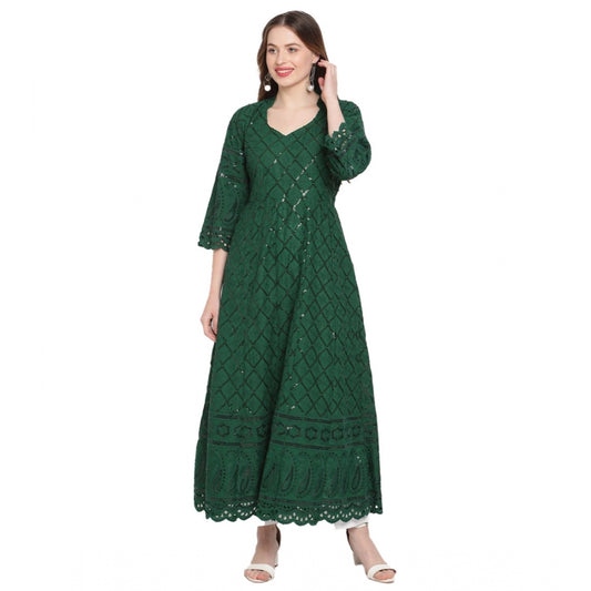 Amfyn Women's Casual 3/4th Sleeve Embroidered Cotton Kurti (Dark Green)