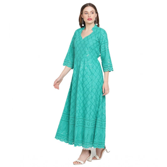 Amfyn Women's Casual 3/4th Sleeve Embroidered Cotton Kurti (Blue)