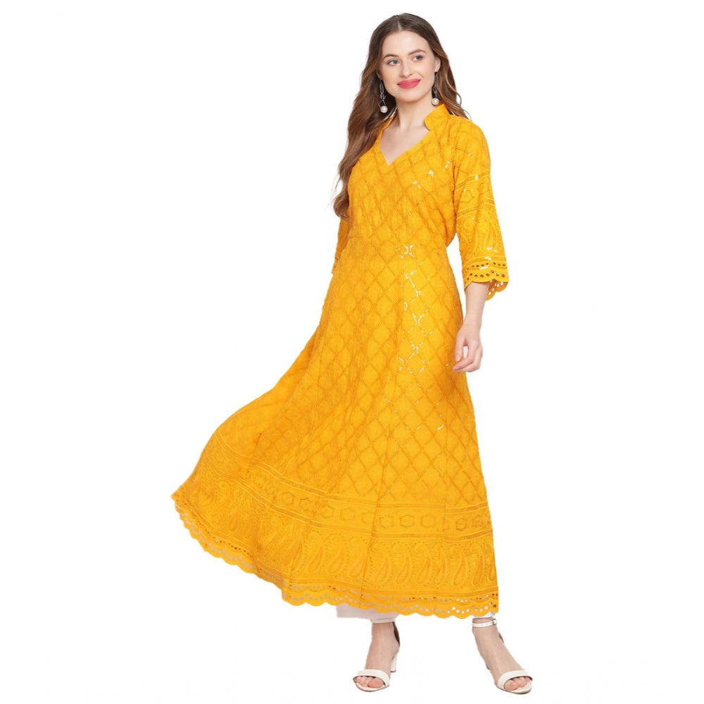 Amfyn Women's Casual 3/4th Sleeve Embroidered Cotton Kurti (Mustard)