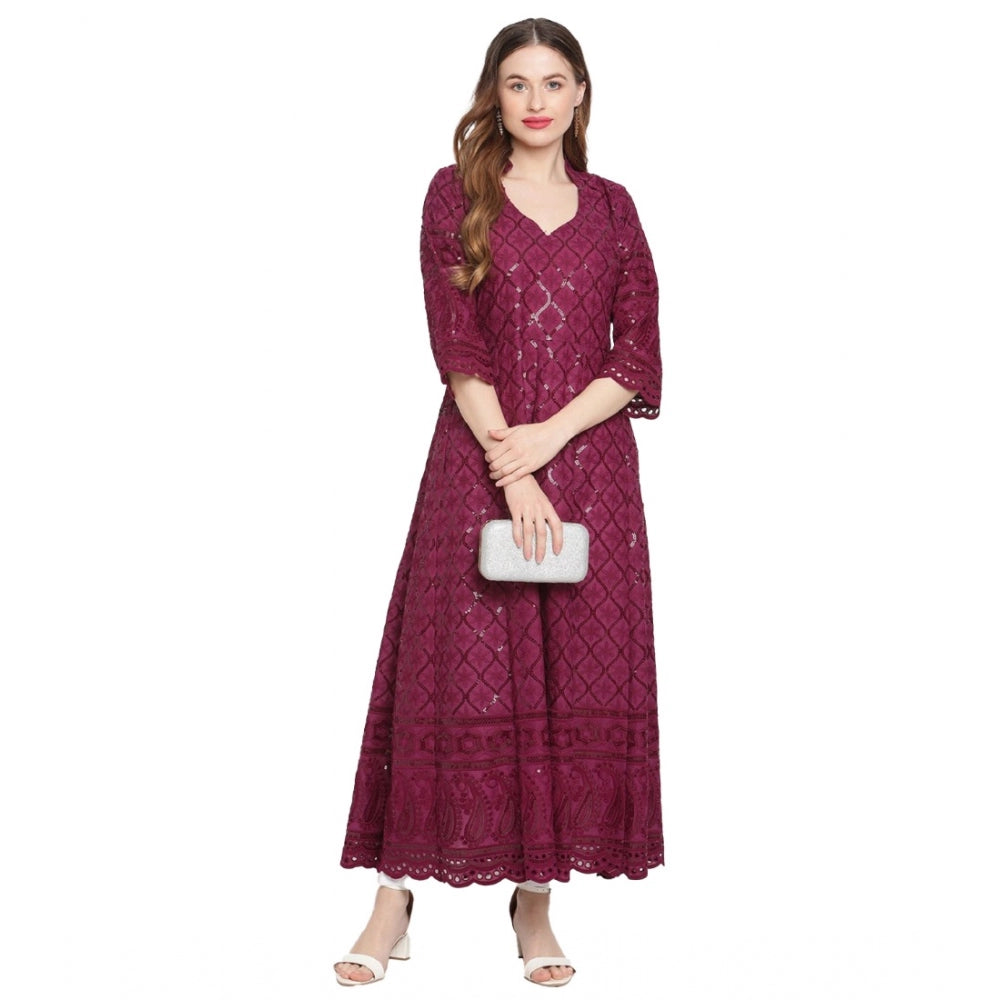 Amfyn Women's Casual 3/4th Sleeve Embroidered Cotton Kurti (Purple)