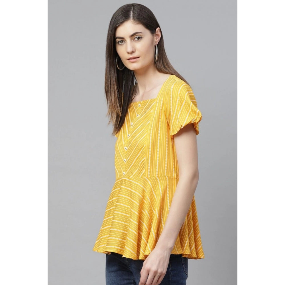 Amfyn Women's Casual Short Sleeves Stripe Printed Rayon Top (Mustard)