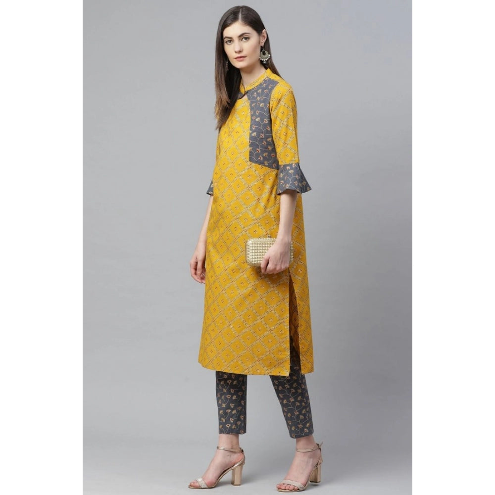 Amfyn Women's Casual Bell Sleeves Geomatrical Printed Cotton Kurti Set (Yellow)