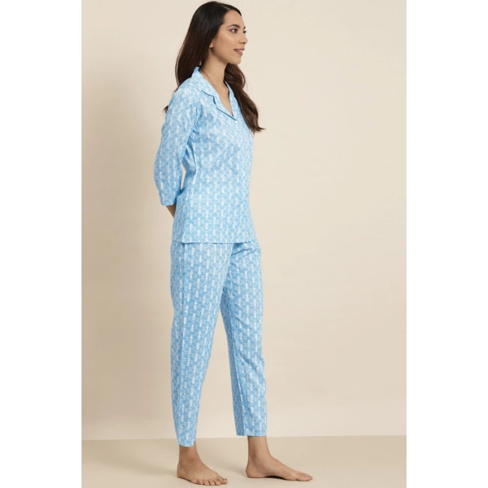 Amfyn Women's Casual 3/4 th Sleeve Floral Printed Rayon Shirt With Pyjama Pant Night Suit Set (Blue)