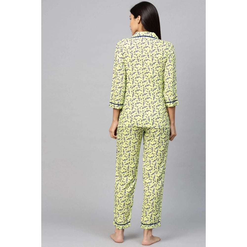 Amfyn Women's Casual 3/4 Sleeve Floral Printed Rayon Shirt With Pyjama Pant Night Suit Set (Green)