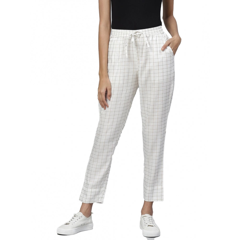 Fashion Women's Casual  Checkered Rayon Trouser Pant (White)