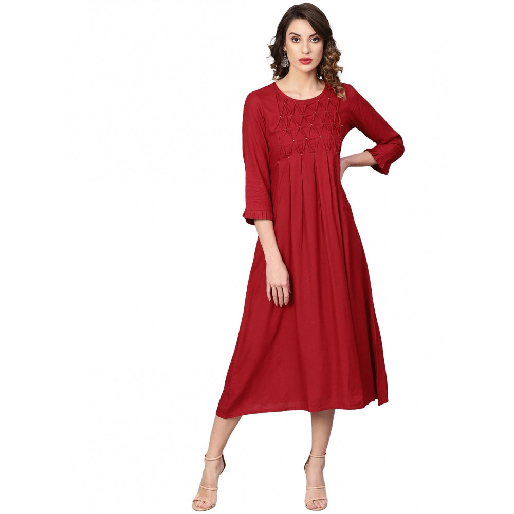 Amfyn Women's Casual 3/4 th Sleeve Solid Rayon Dobby Dress (Maroon)