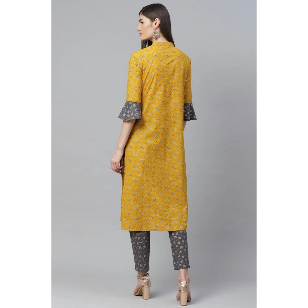 Amfyn Women's Casual Bell Sleeves Geomatrical Printed Cotton Kurti Set (Yellow)