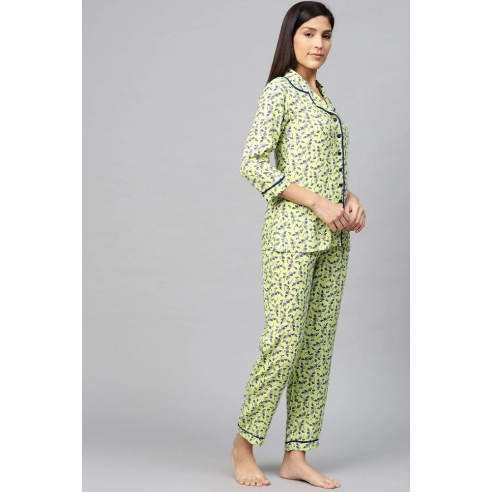 Amfyn Women's Casual 3/4 Sleeve Floral Printed Rayon Shirt With Pyjama Pant Night Suit Set (Green)