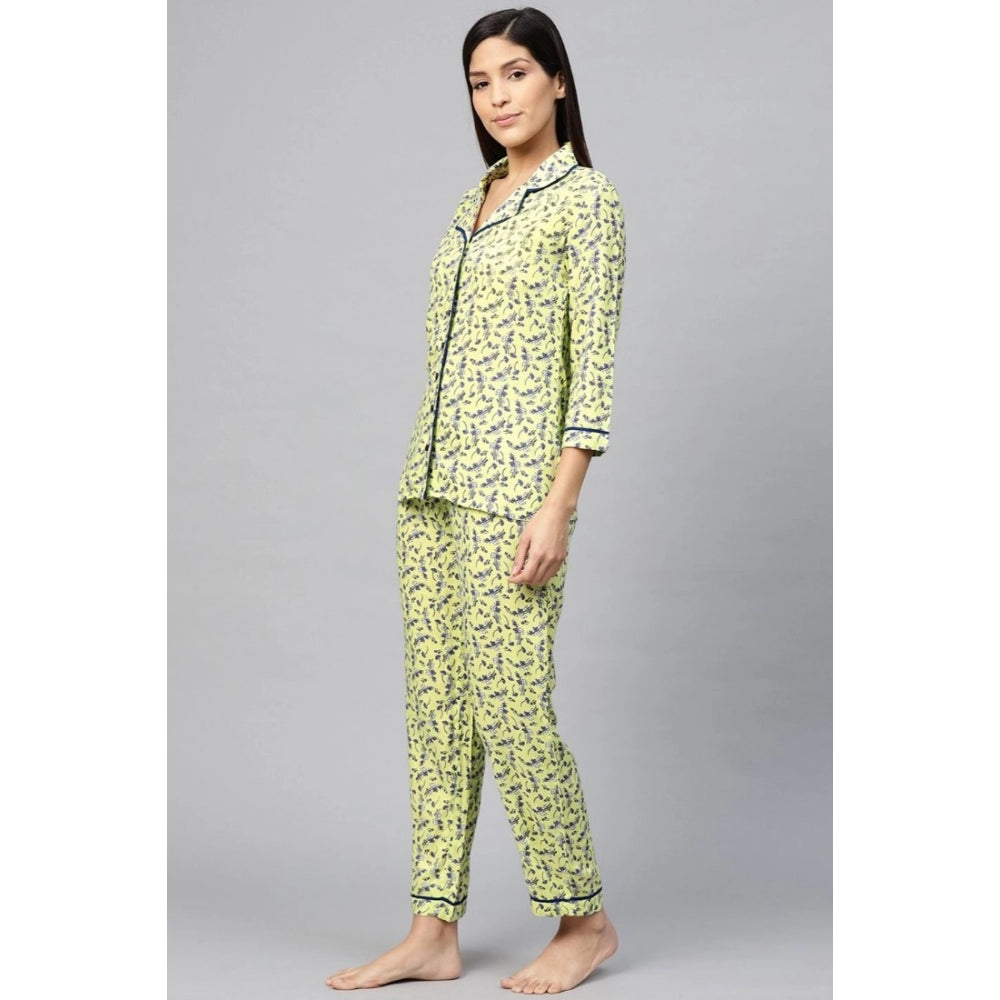 Amfyn Women's Casual 3/4 Sleeve Floral Printed Rayon Shirt With Pyjama Pant Night Suit Set (Green)