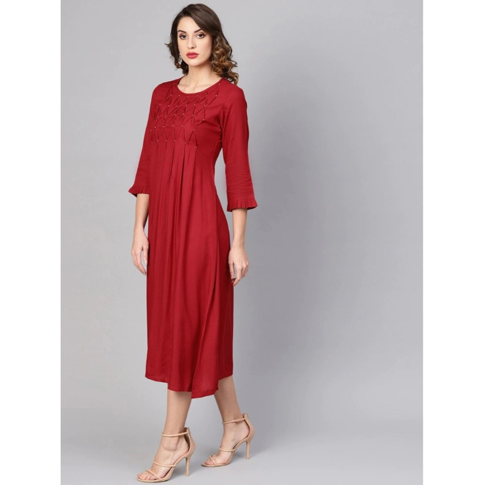 Amfyn Women's Casual 3/4 th Sleeve Solid Rayon Dobby Dress (Maroon)