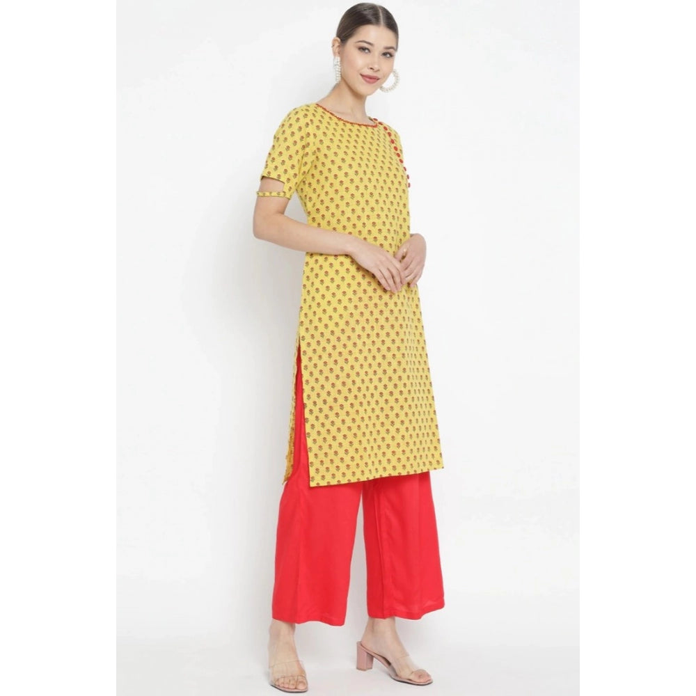 Amfyn Women's Casual Short Sleeves Floral Printed Cotton &amp; Rayon Kurti Palazzo Set (Yellow &amp; Red)