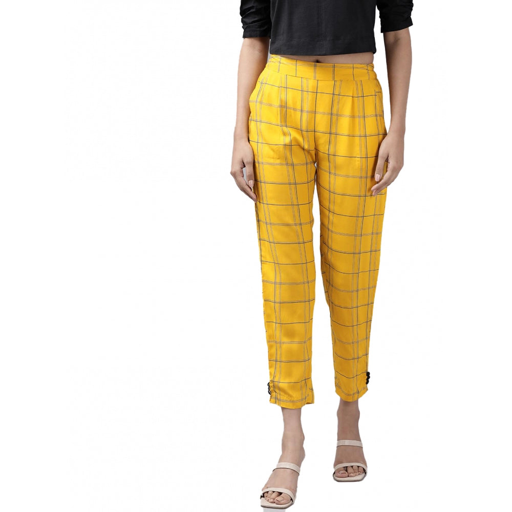 Fashion Women's Casual  Checkered Rayon Trouser Pant (Yellow)