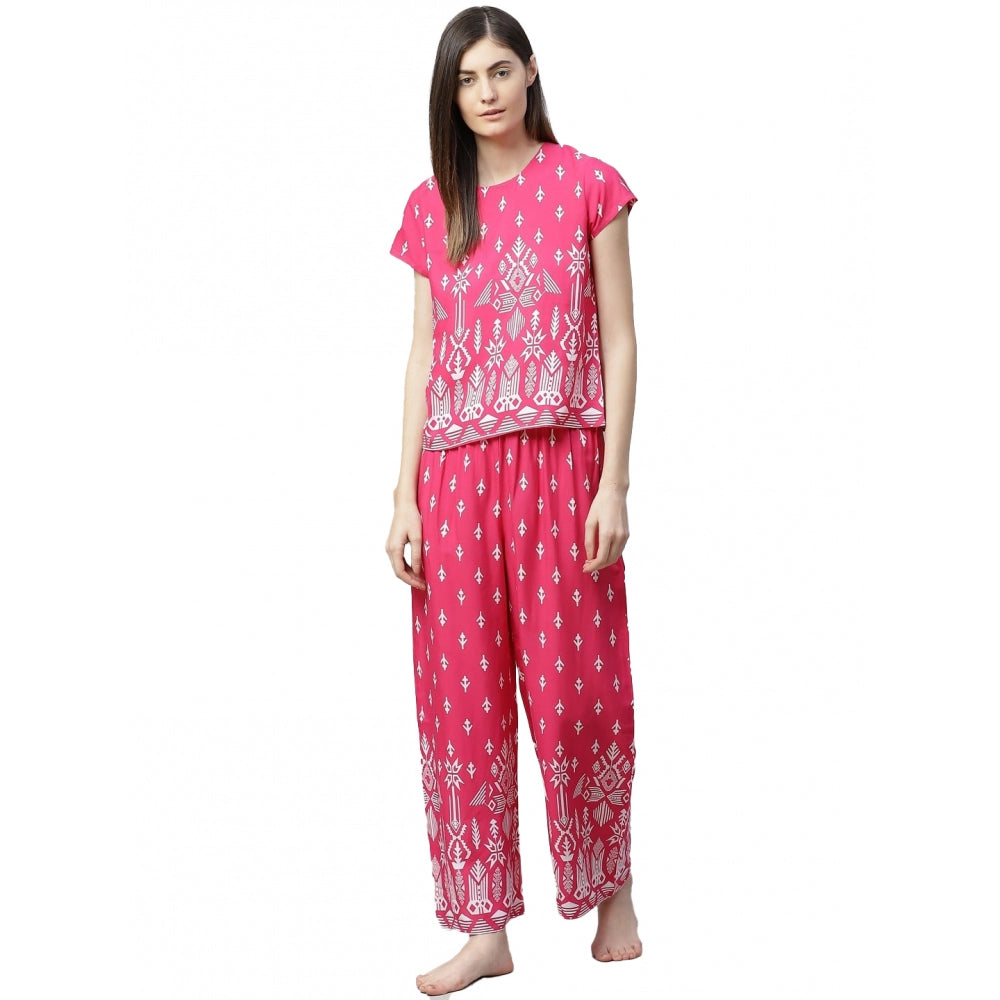 Amfyn Women's Casual Short Sleeve Printed Rayon Pajama Set (Pink)