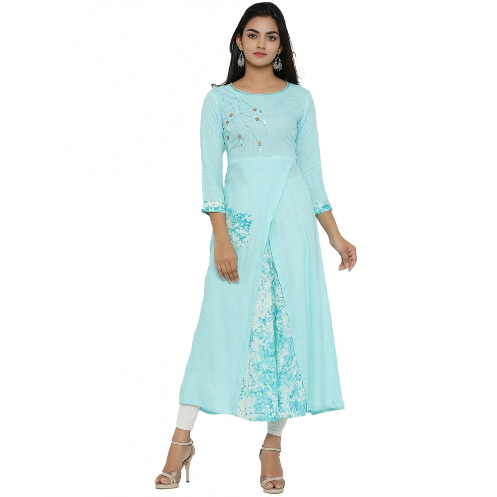 Amfyn Women's Casual 3/4 th Sleeve Embroidery Rayon Kurti (Sky Blue)