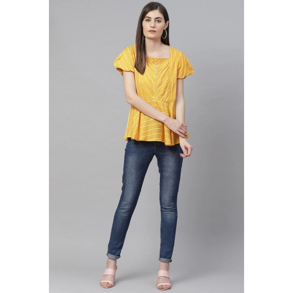 Amfyn Women's Casual Short Sleeves Stripe Printed Rayon Top (Mustard)