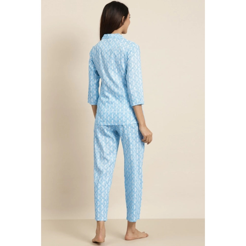 Amfyn Women's Casual 3/4 th Sleeve Floral Printed Rayon Shirt With Pyjama Pant Night Suit Set (Blue)