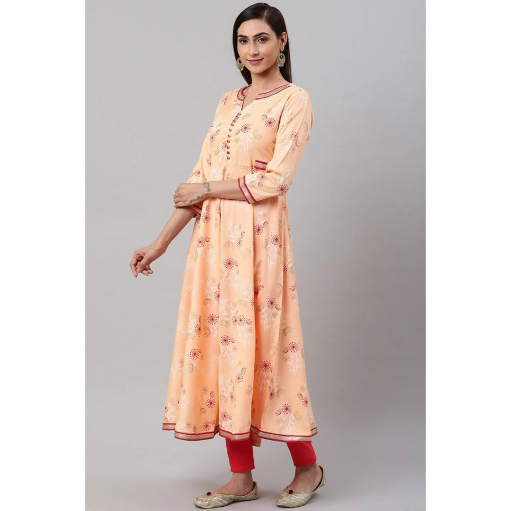 Amfyn Women's Casual 3/4 th Sleeve Floral Printed Rayon Kurti (Peach)