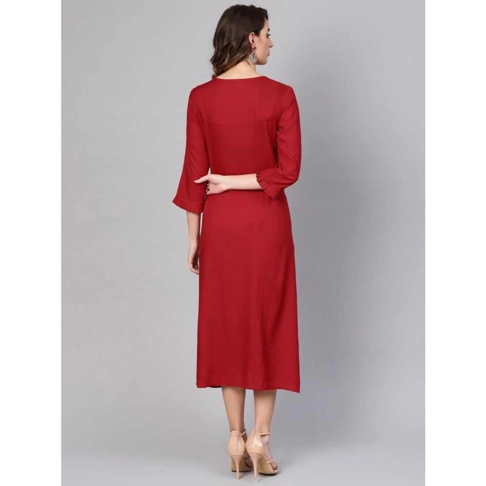 Amfyn Women's Casual 3/4 th Sleeve Solid Rayon Dobby Dress (Maroon)