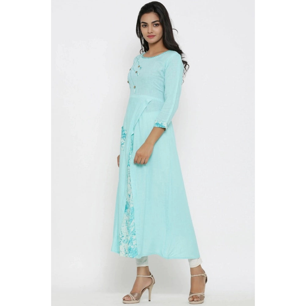 Amfyn Women's Casual 3/4 th Sleeve Embroidery Rayon Kurti (Sky Blue)