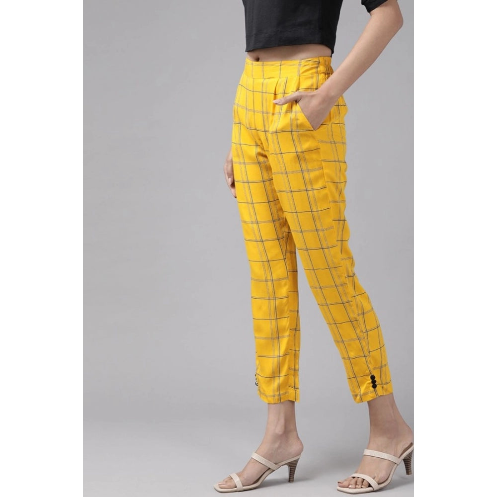 Fashion Women's Casual  Checkered Rayon Trouser Pant (Yellow)