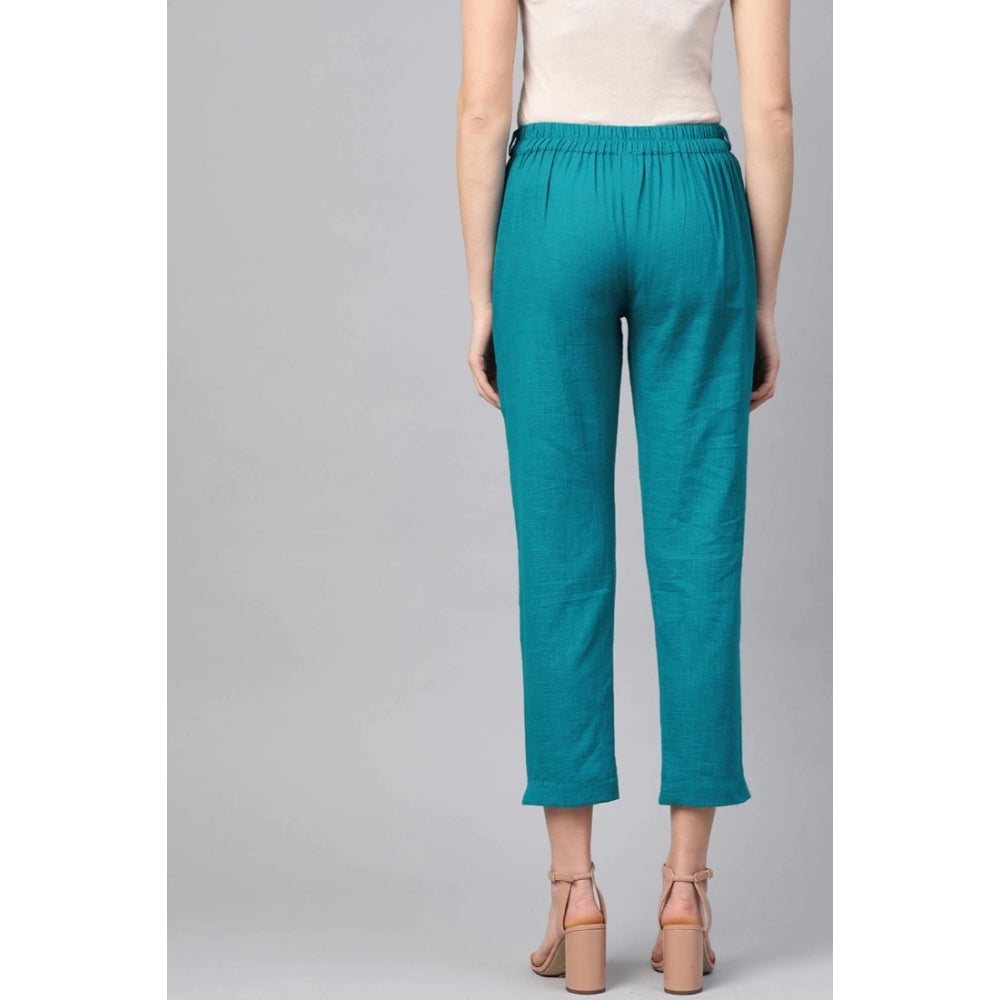 Amfyn Women's Casual Solid Cotton Slub Trouser Pant (Rama Blue)