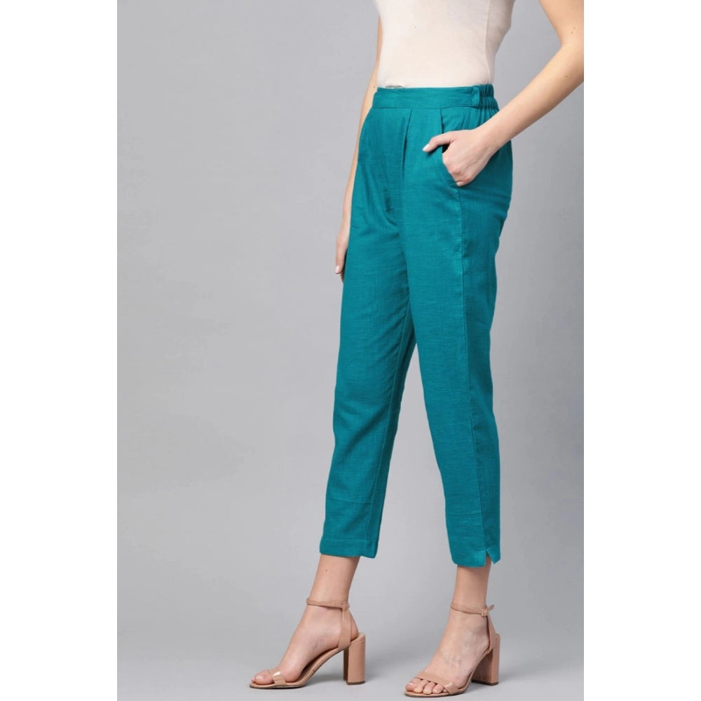 Amfyn Women's Casual Solid Cotton Slub Trouser Pant (Rama Blue)