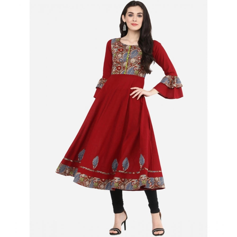 Amfyn Women's Casual Bell Sleeves Printed Cotton Kurti (Maroon)