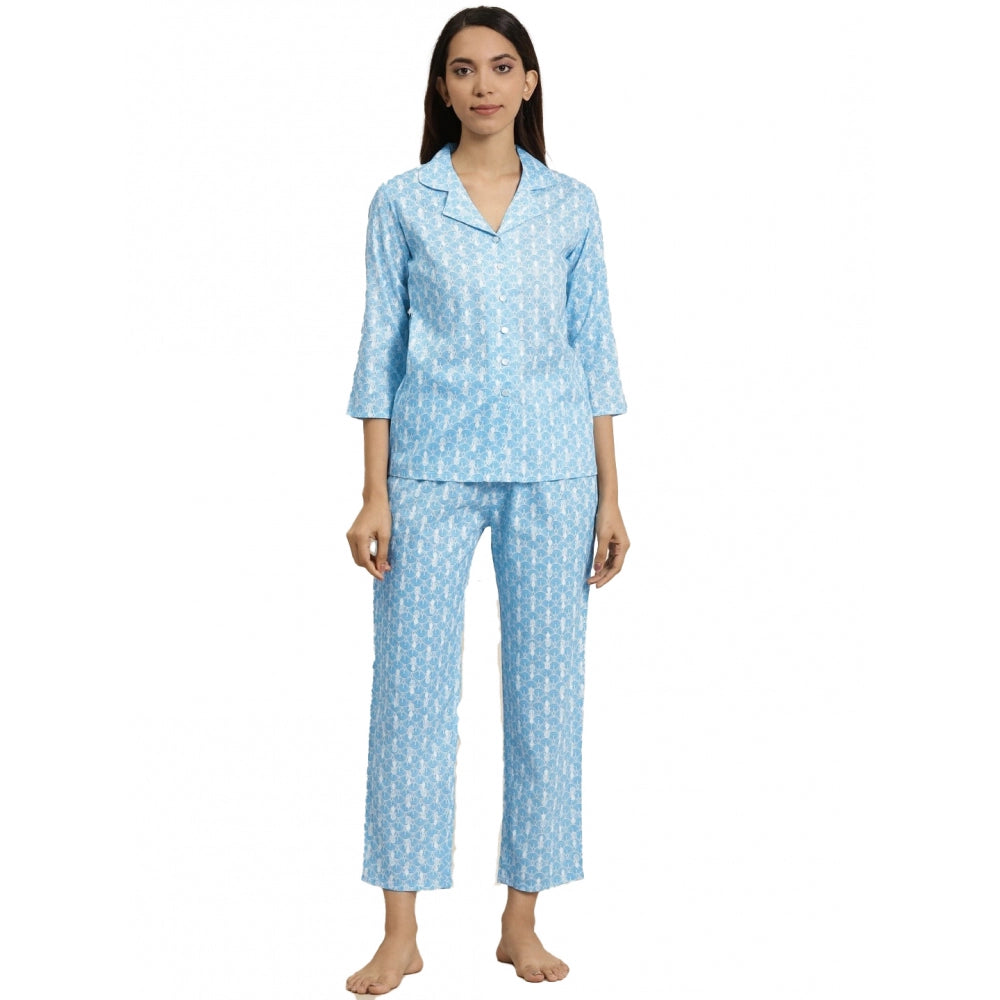 Amfyn Women's Casual 3/4 th Sleeve Floral Printed Rayon Shirt With Pyjama Pant Night Suit Set (Blue)