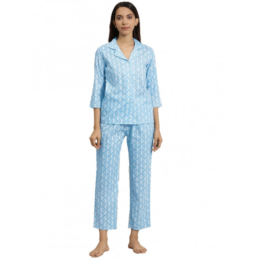 Amfyn Women's Casual 3/4 th Sleeve Floral Printed Rayon Shirt With Pyjama Pant Night Suit Set (Blue)