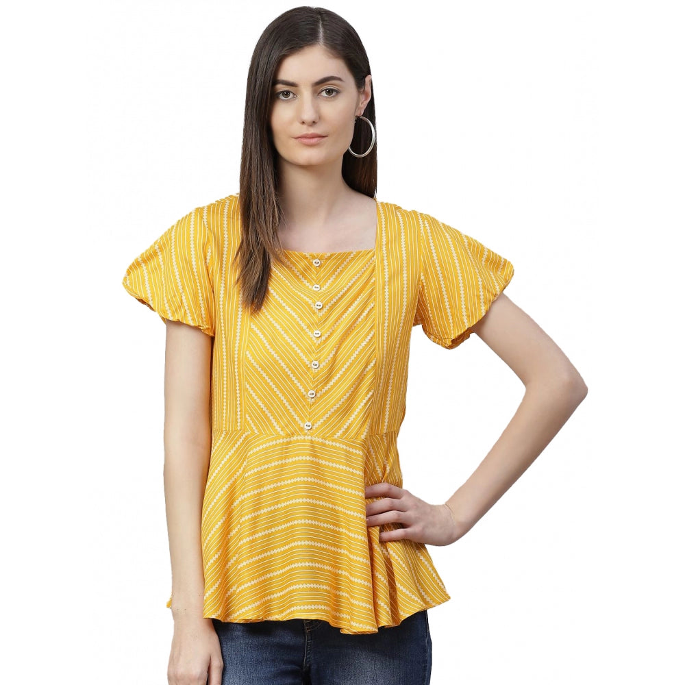 Amfyn Women's Casual Short Sleeves Stripe Printed Rayon Top (Mustard)