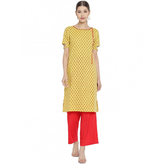 Amfyn Women's Casual Short Sleeves Floral Printed Cotton &amp; Rayon Kurti Palazzo Set (Yellow &amp; Red)