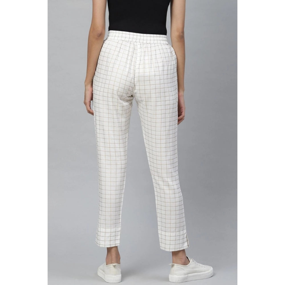 Fashion Women's Casual  Checkered Rayon Trouser Pant (White)