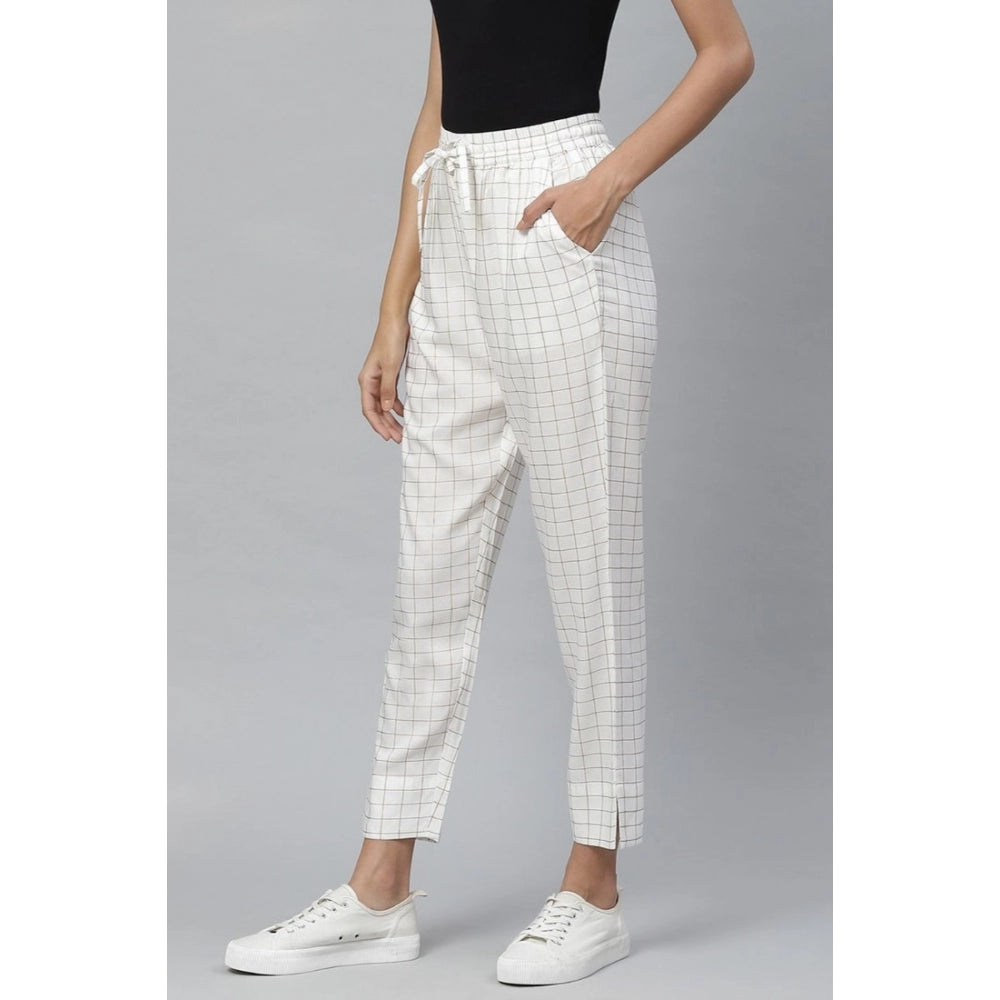 Fashion Women's Casual  Checkered Rayon Trouser Pant (White)