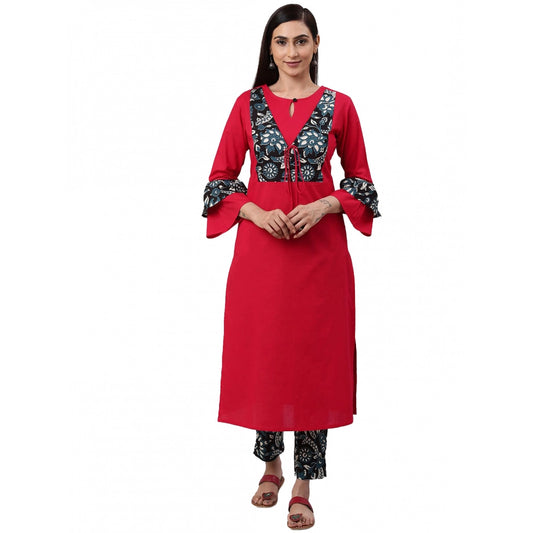 Amfyn Women's Casual Bell Sleeves Floral Printed Cotton Kurti Set (Rani Pink)