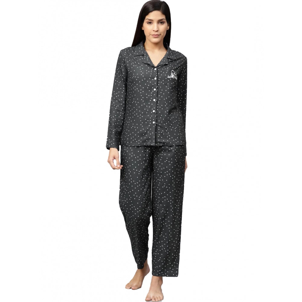 Amfyn Women's Casual Full Sleeves Polka Dot Printed Rayon Shirt With Pyjama Pant Night Suit Set (Grey)