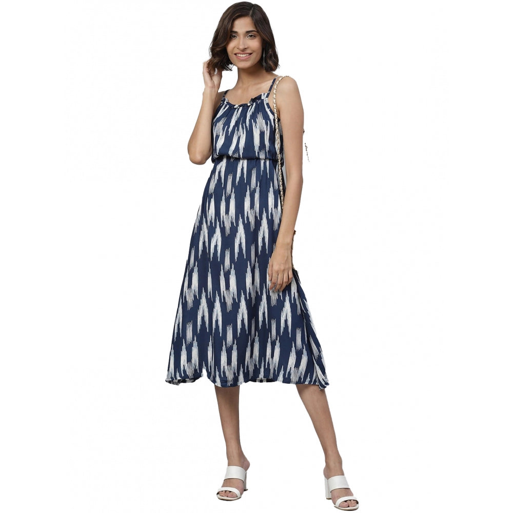 Amfyn Women's Casual Sleeveless Ikat Print Rayon Dress (Blue)