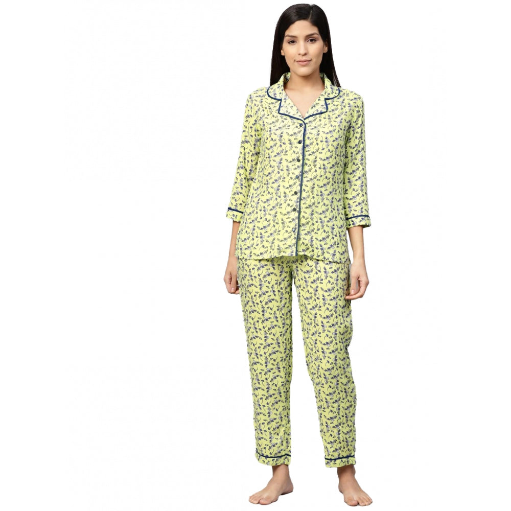 Amfyn Women's Casual 3/4 Sleeve Floral Printed Rayon Shirt With Pyjama Pant Night Suit Set (Green)