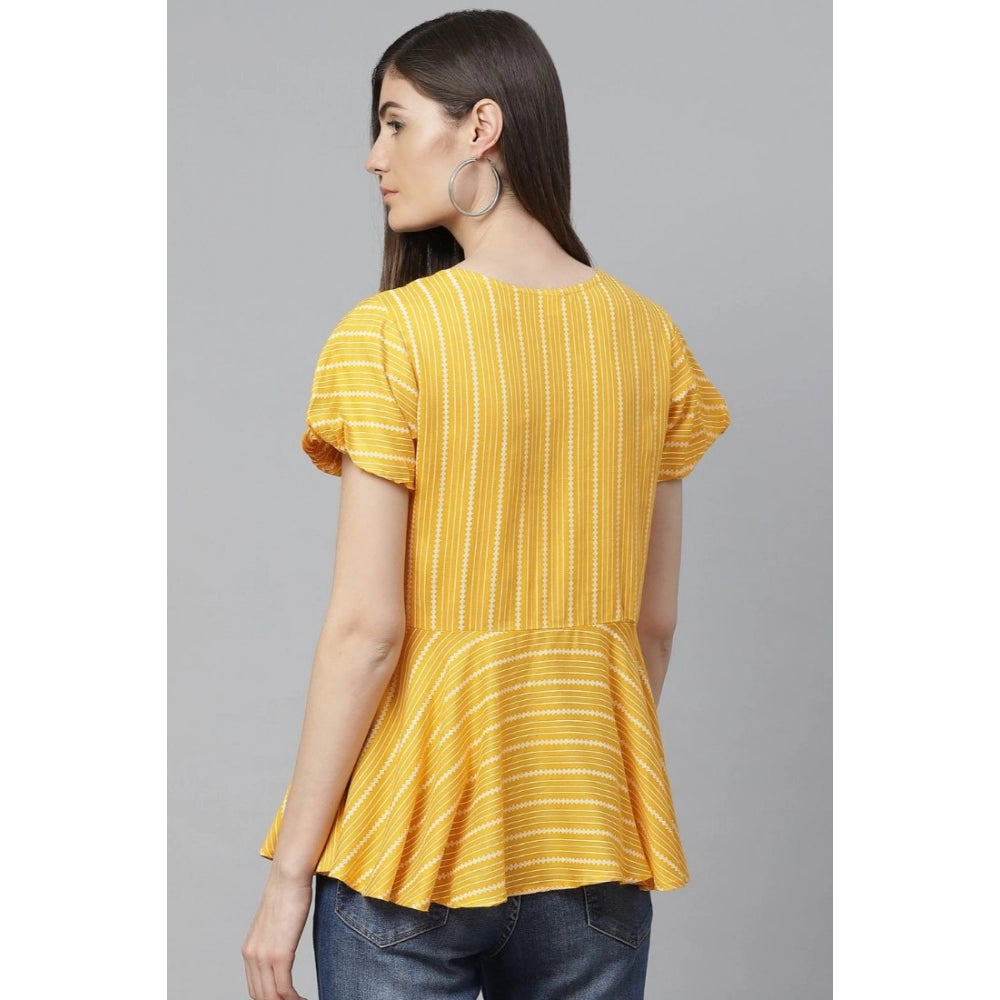 Amfyn Women's Casual Short Sleeves Stripe Printed Rayon Top (Mustard)