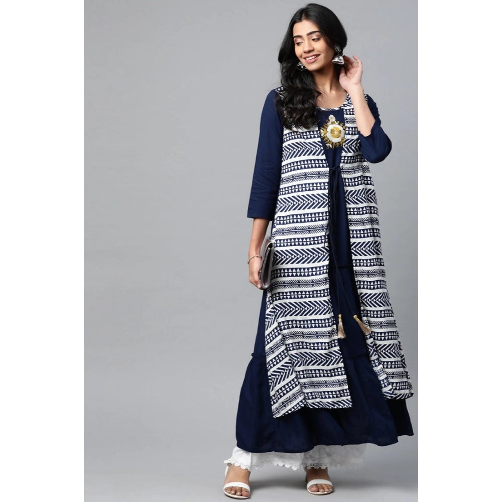 Amfyn Women's Casual 3/4 th Sleeve Geometric Rayon Kurti (Navy Blue)