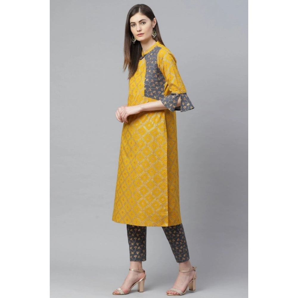 Amfyn Women's Casual Bell Sleeves Geomatrical Printed Cotton Kurti Set (Yellow)